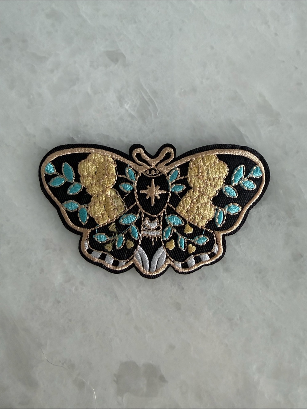 Embroidered Butterfly Patch - Black with Gold & Teal Accent